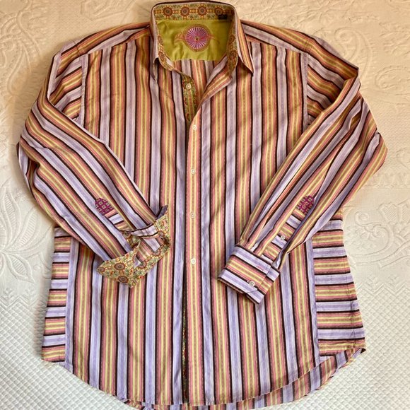 Robert Graham Mens Sz XL Striped Long Sleeve Shirt Contrast Cuffs Multicolor - Picture 1 of 15